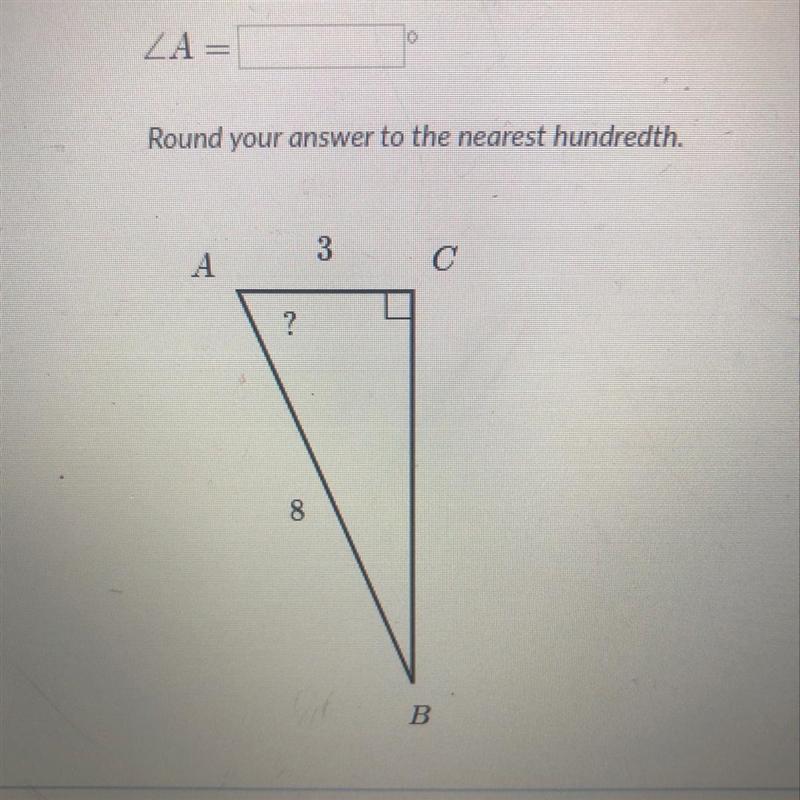 Round your answer to the nearest hundredth. Angle A= ?-example-1