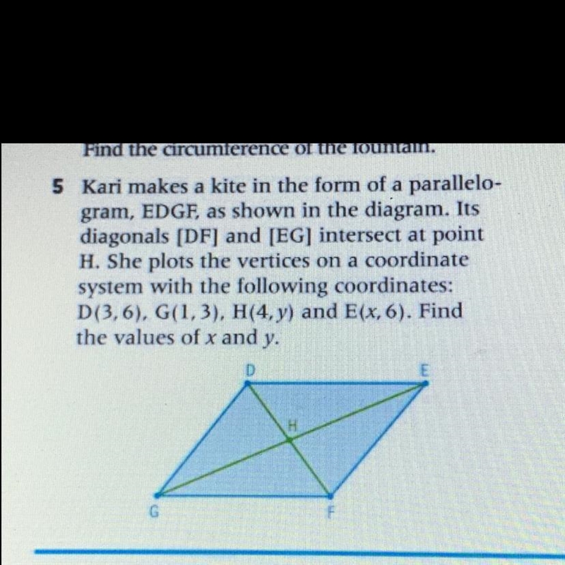 5 Kari makes a kite in the form of a parallelogram, EDGF, as shown in the diagram-example-1