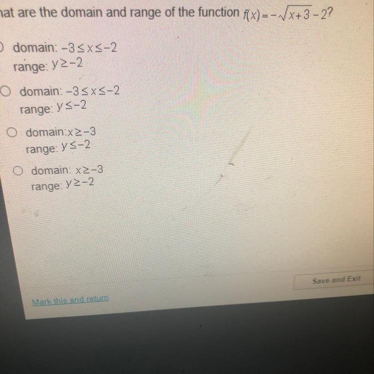 What are the domain and range of the function f(x)=- Vx+3 - 2?-example-1