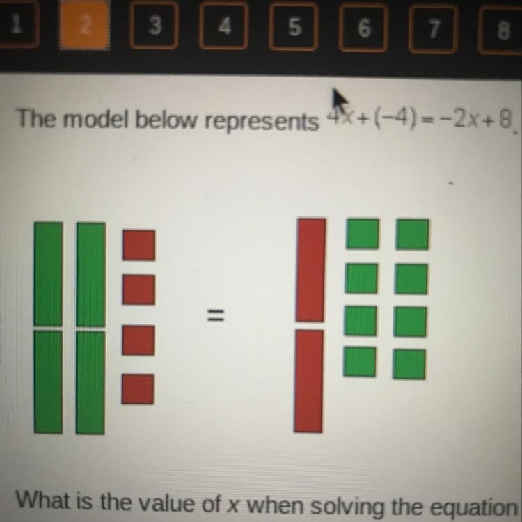 PLEASE HELP!!! The model below represents 4x+(-4) -- 2x+8 What is the value of x when-example-1