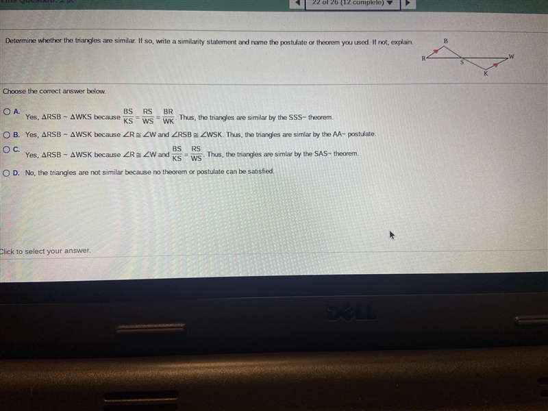 Determine weather the triangles a are similar-example-1