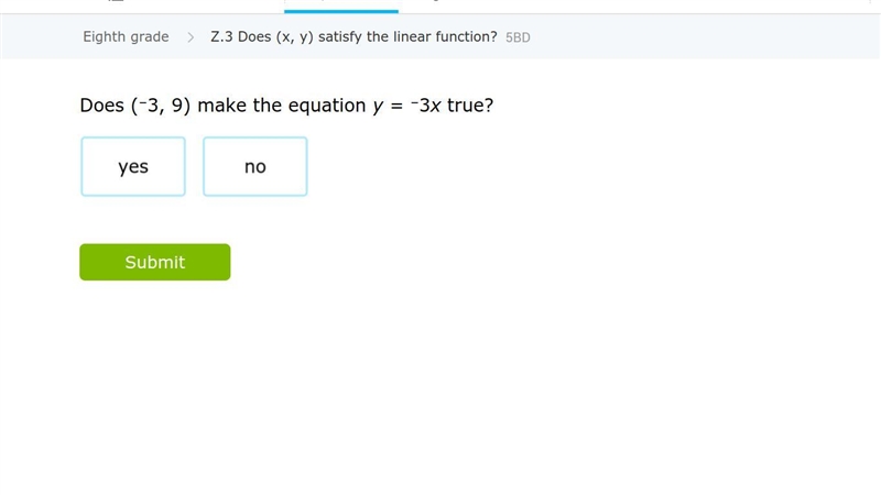 Does (–3, 9) make the equation y = –3x true?-example-1