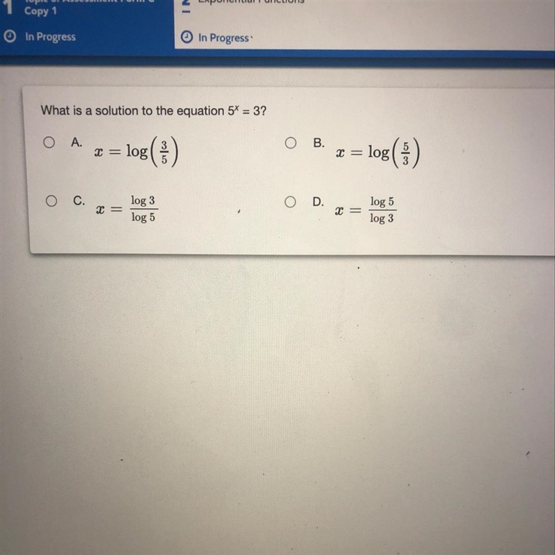 What is a solution to the equation 5 ^ x = 3-example-1