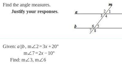 Given:a || b m<2=3x+20 m<7=2x-10 find:m<3, m<6-example-1