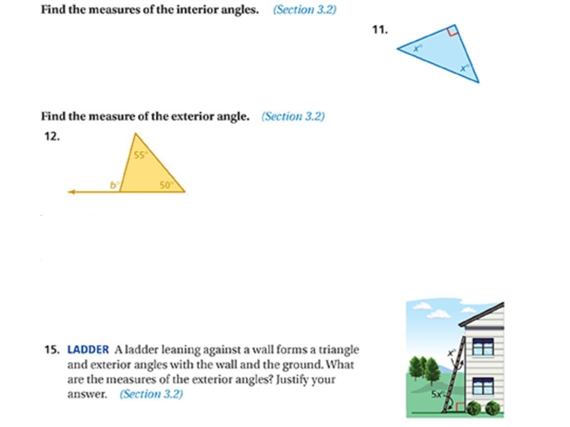 11 find the measure of the interior angle. 12 and 15 find the measure of the exterior-example-1