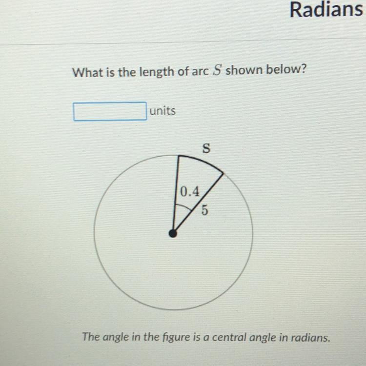 What is the length of arc S shown below? units S 0.4 5-example-1