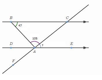 PLEASE HURRY in below diagram, line bc is parallel to de. i.e bc de abc=47 cab=105 find-example-1