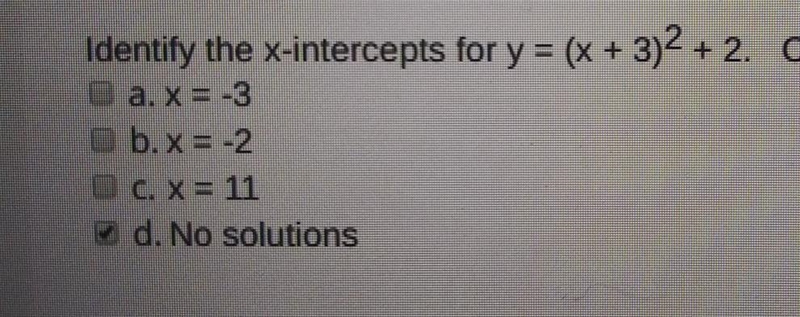 Identify the x- intercepts for y = (x+3)^2+2​-example-1