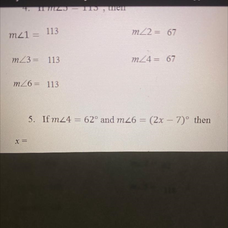 5. m_24 = 62° and m_6 = (2x - 7)º what is x?-example-1