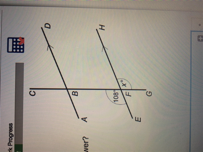 Angle EFB is 108º a)Find the size of angle x. b) which one of these justifies your-example-1