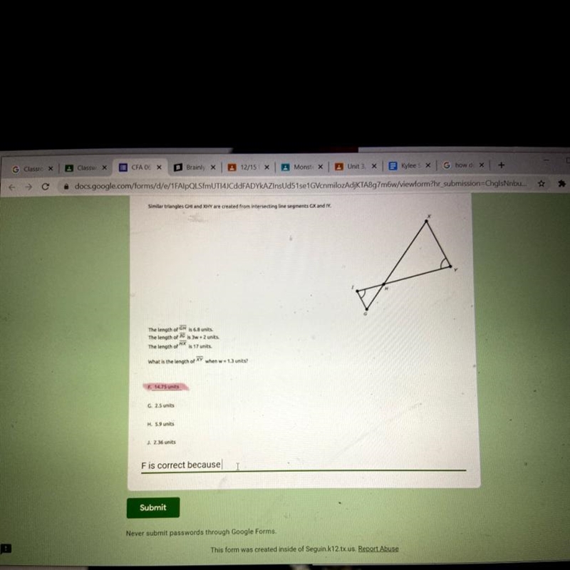 What is the length of Xy when w=1.3units Explain why F is correct-example-1