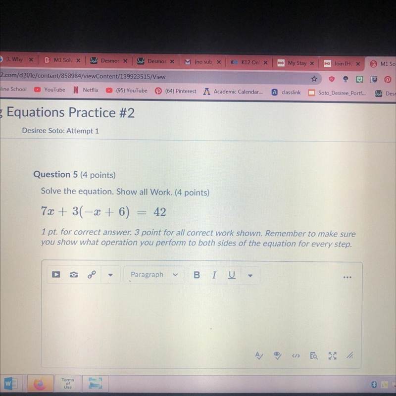 Solve the equation. Show all Work. (4 points) 73 + 3(-x + 6)=42 1 pt. for correct-example-1