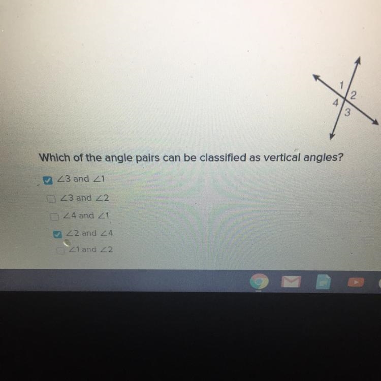 X Which of the angle pairs can be classified as vertical angles?-example-1