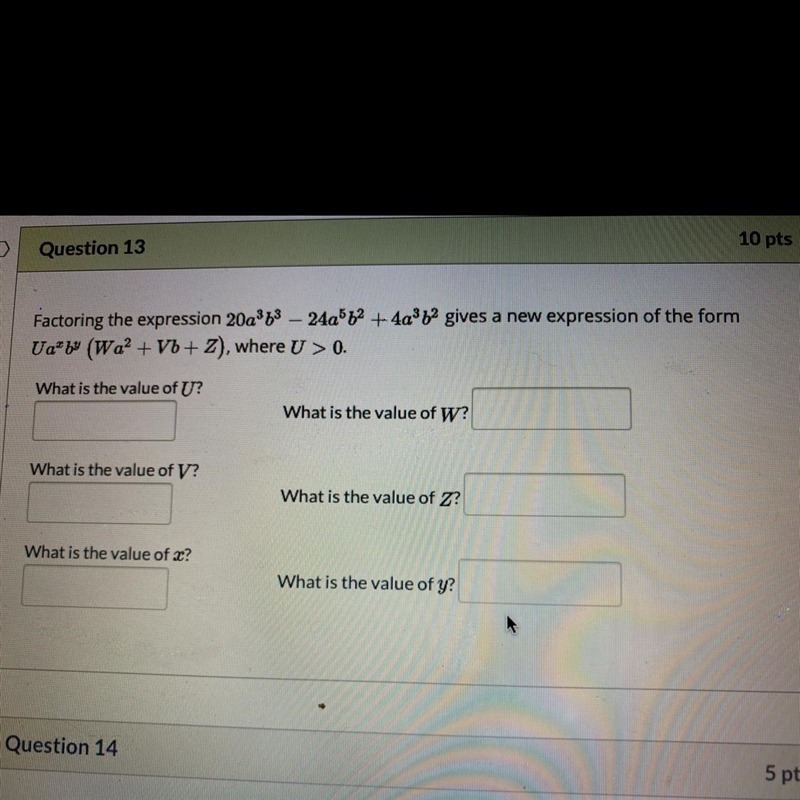 Factoring the expression 20a^3b^3 – 24a^5b^2 + 4a^3b^2 gives a new expression of the-example-1