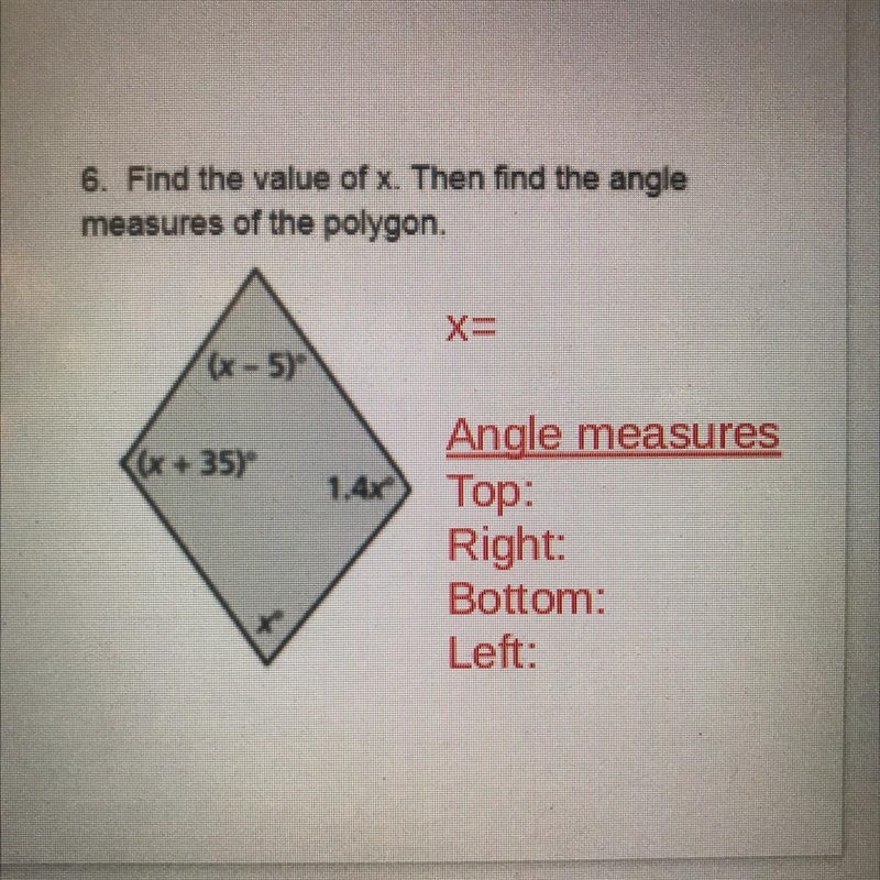 Find each of the angle measures of the polygon with the angles of (x-5) (x+35) 1.4x-example-1