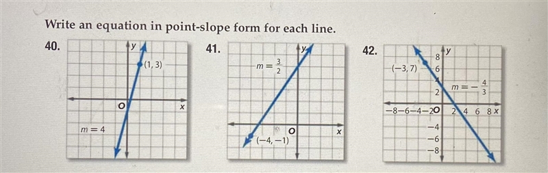 Write an equation in point-slope form for each line. questions 40 and 42. 20 points-example-1