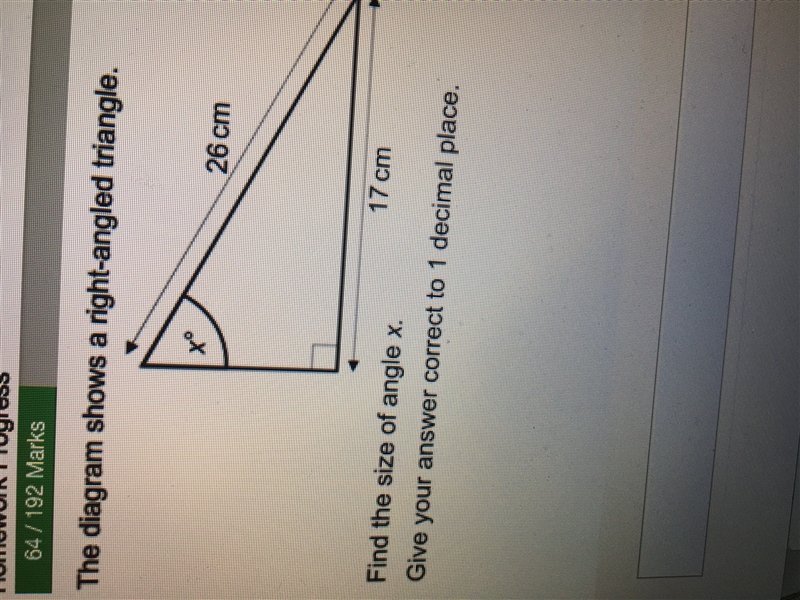 the diagrams shows a right-angled triangle. find the size of angle x. give your answer-example-1