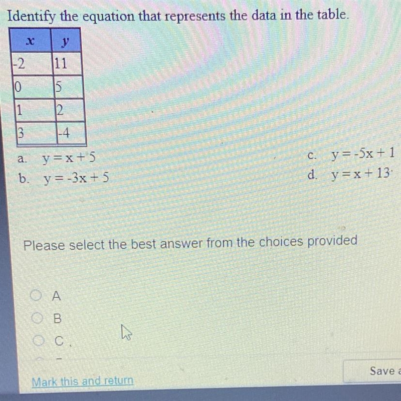 Identify the equation that represents the data in the table a.y=x+5 b. y=-3x + 5 c-example-1