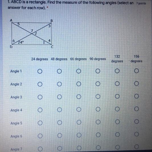 ABCD is a rectangle. Find the measure of the following angles (select an answer for-example-1