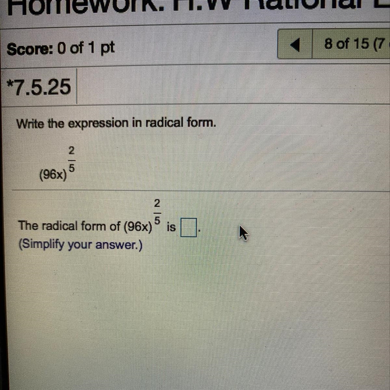 Write the expression in radical form. (96x)^2/5-example-1