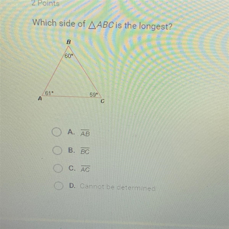 Which side of AABC is the longest?-example-1