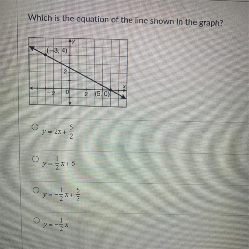 Which is the equation of the line shown in the graph? y (-3, 4) 2 o 2|(50) 07-2 5 - 2x-example-1