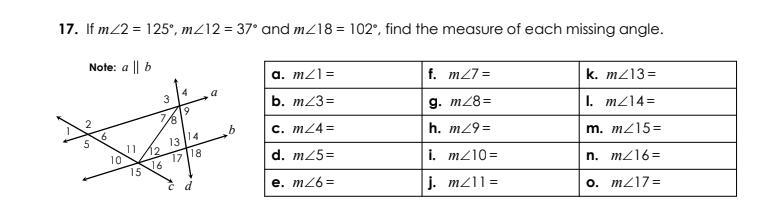 If m2 = 125, m12= 37 and m18 = 102, find the measure of each angle-example-1