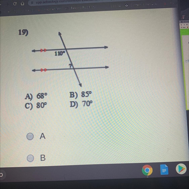 19) 110° A) 68° C) 80° B) 85° D) 70°-example-1