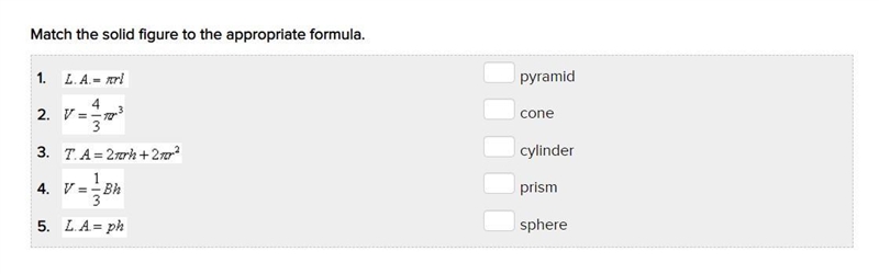 Match the solid figure to the appropriate formula.-example-1