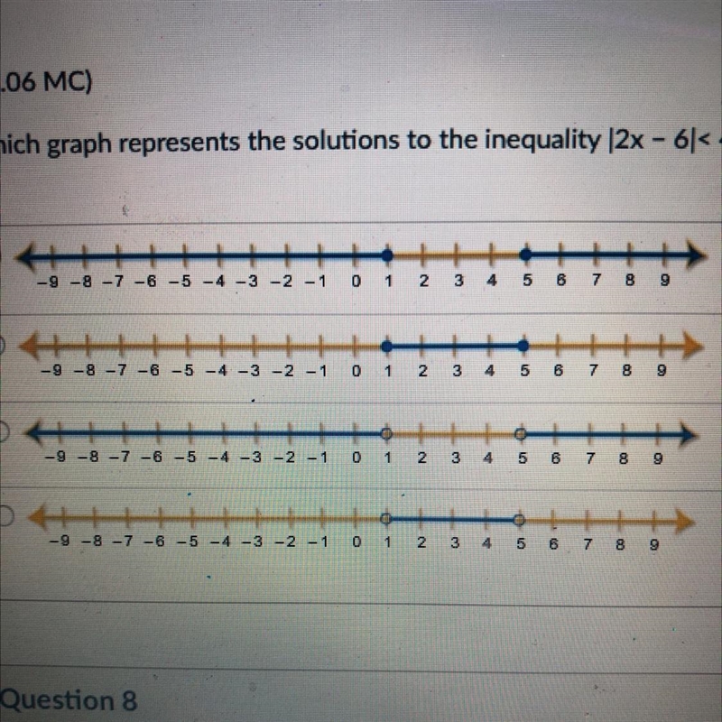 Which graph represents the solutions to the inequality |2x - 6 < 4? (5 points) -9-8-7 -6 -5 -4 -3 -2 -1 0 1 2 3 4 5 6 7 8 9 -9-8-7 -6 -5 -4 -3 -2 -1 0 1 2 3 4 5 6 7 8 9 -9 -8 -7 -6 -5 -4 -3 -2 -1 0 1 2 3 4 5 6 7 8 9 -9-8-7 -6 -5 -4 -3 -2 -1 0 1 2 3 4 5 6 7 8 9-example-1