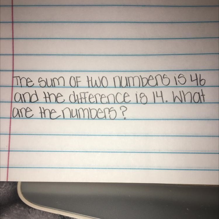 The sum of two numbers is 46 and the difference is 14. What are the numbers?-example-1