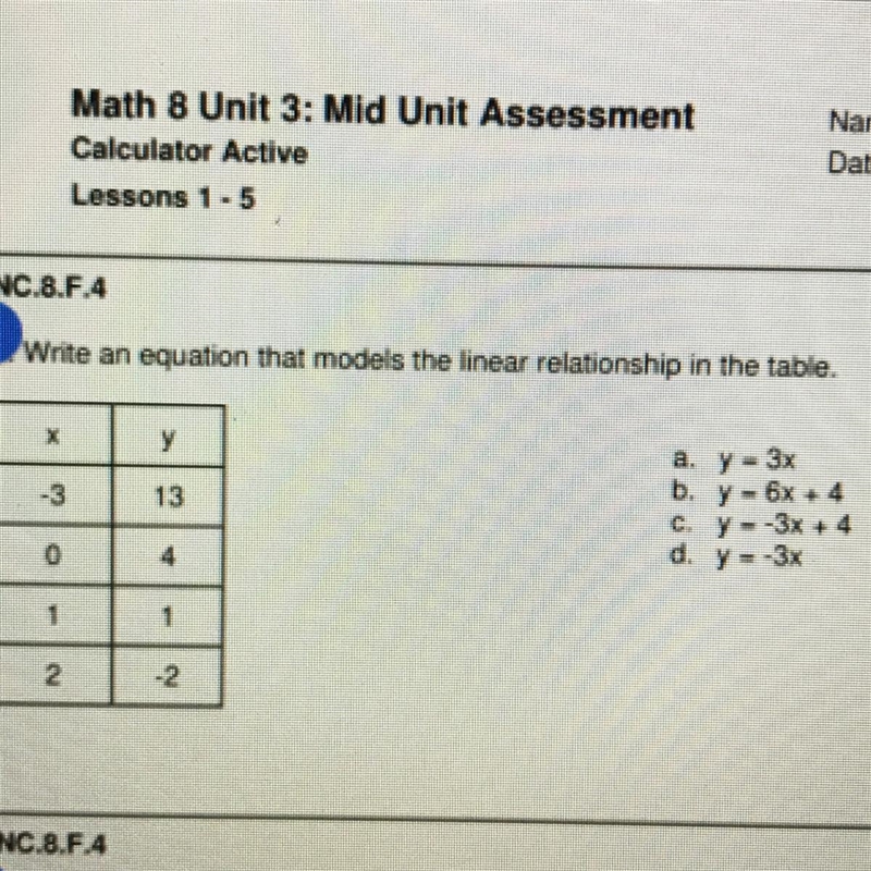 Write an equation that models the linear relationship in the table.-example-1