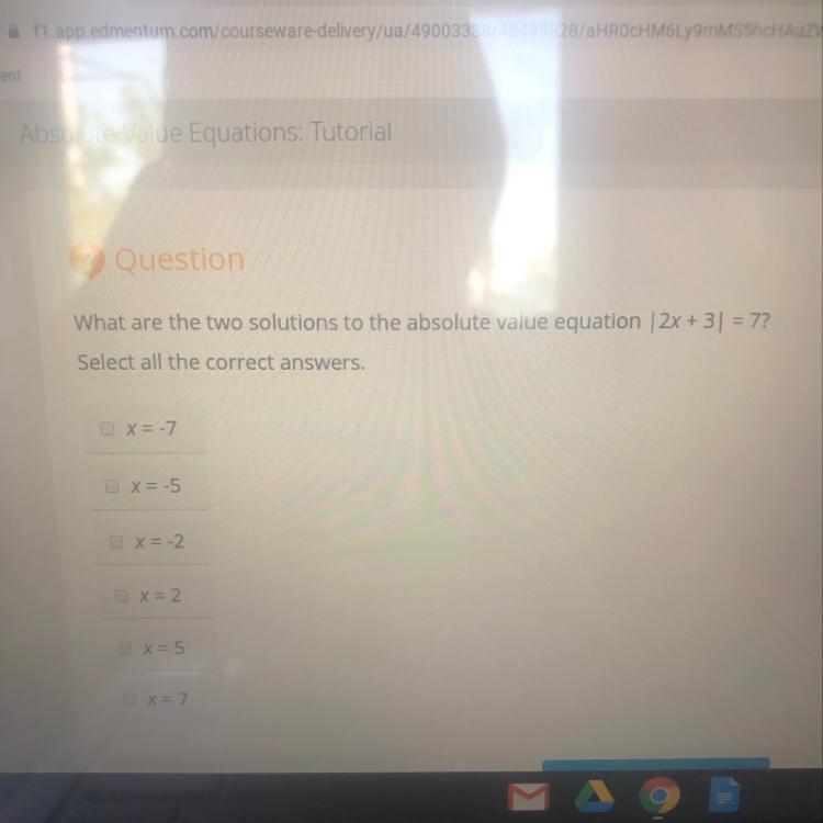 What are the two solutions to the absolute value equation |2x+3|=7-example-1