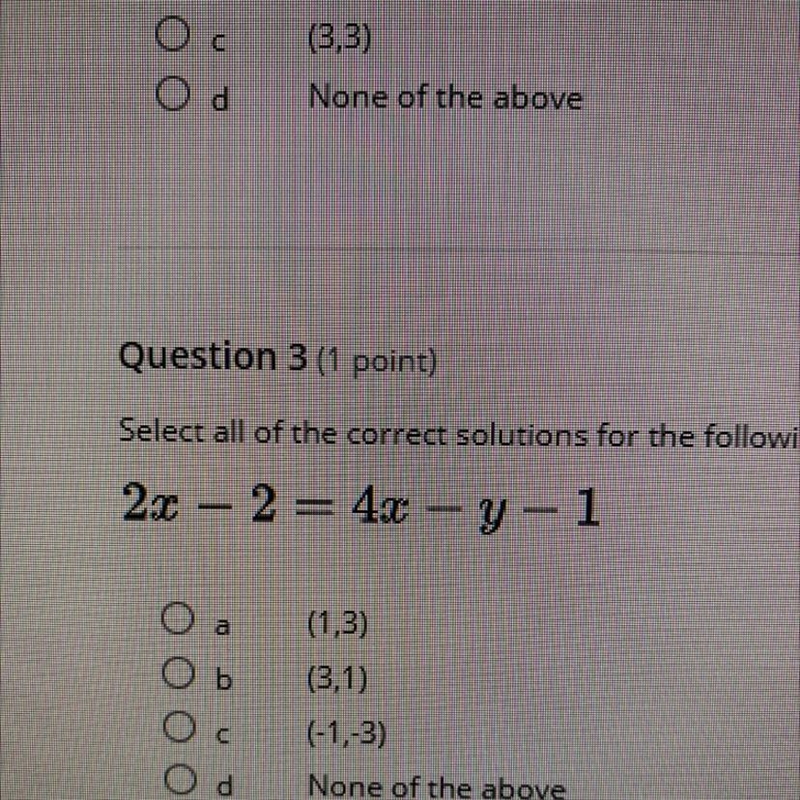 Select all of the correct solutions for the following equation 22 – 2 = 4.1 - Y-1 (1,3) (3,1) (-1-3) None-example-1