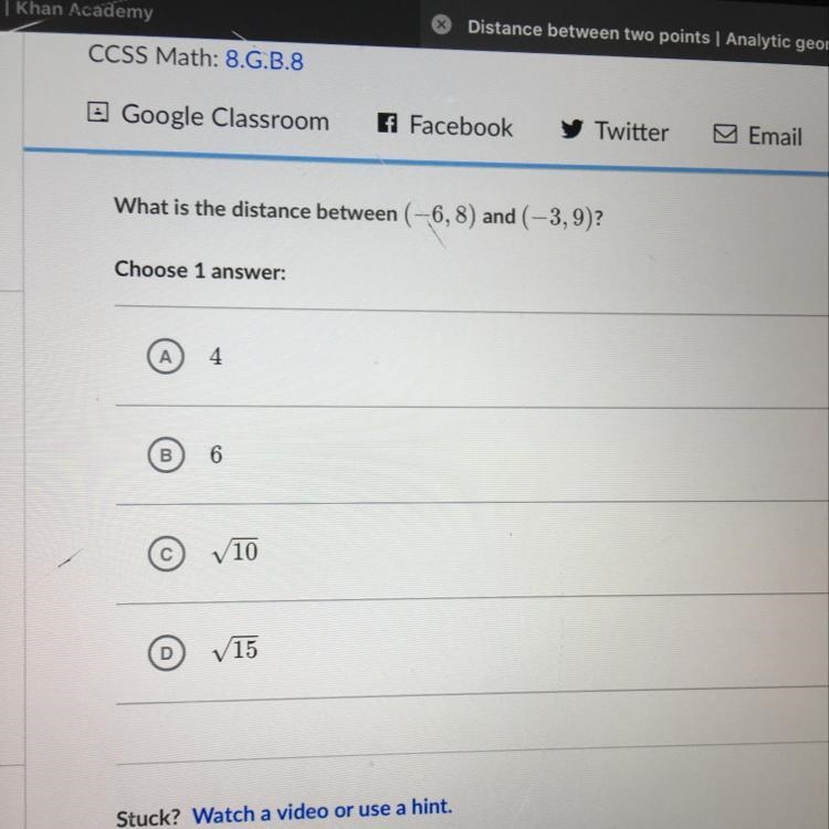 What is the distance between (-6,8) and (-3,9)?-example-1