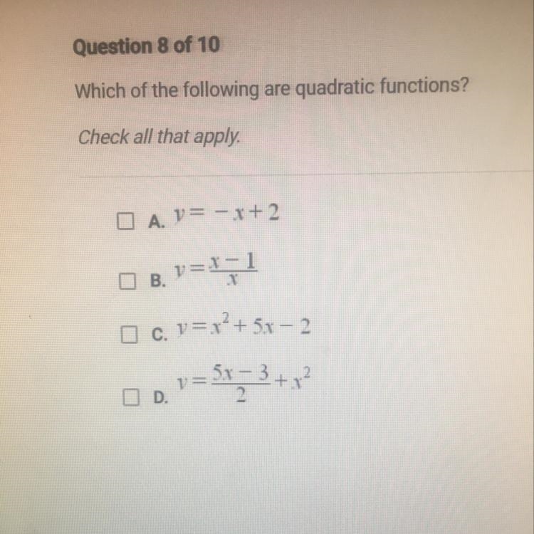 Which of the following are quadratic functions? Check all that apply.-example-1