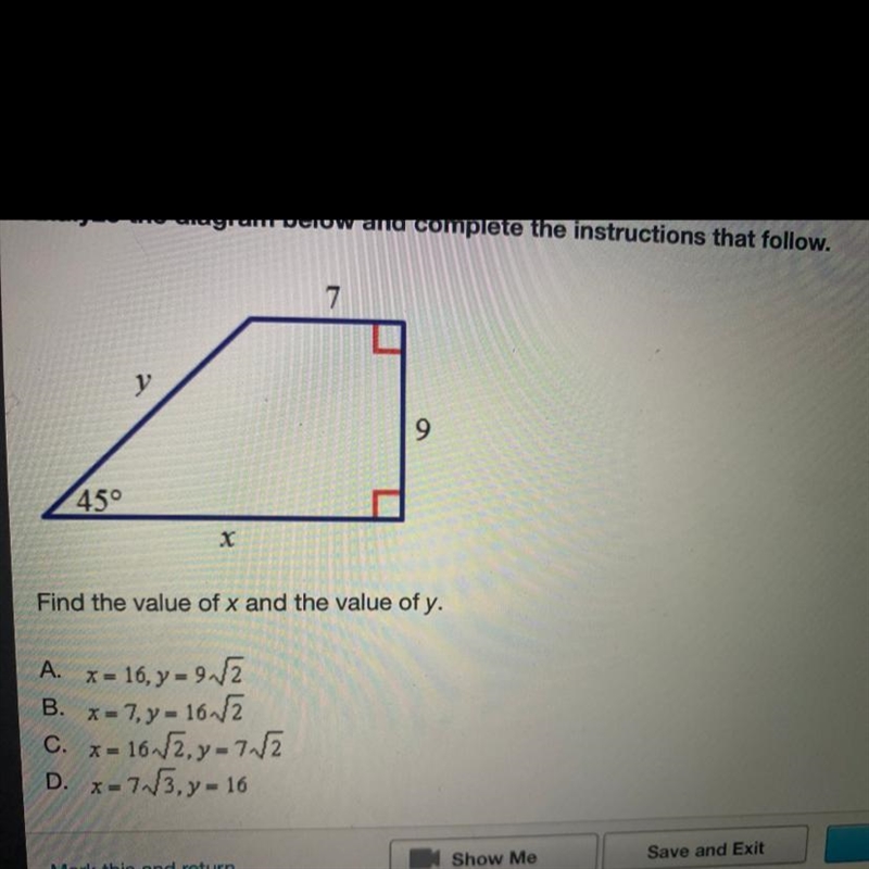 Analyze the diagram below and complete the instructions that follow. 7 y 450 X Find-example-1