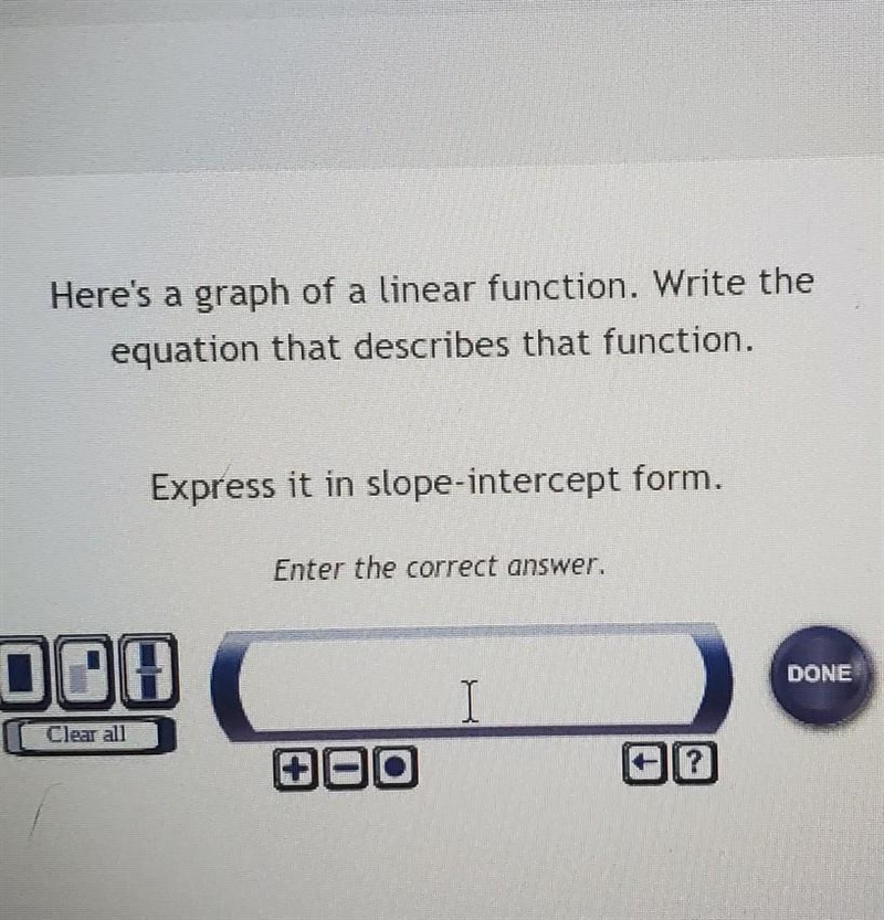 Here's a graph of a linear function. Write the equation that describes that function-example-1