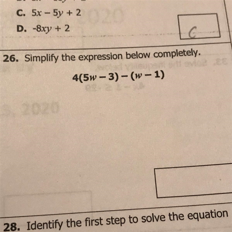 26. Simplify the expression below completely. 4(5w - 3) -(w - 1) Please help me!!-example-1