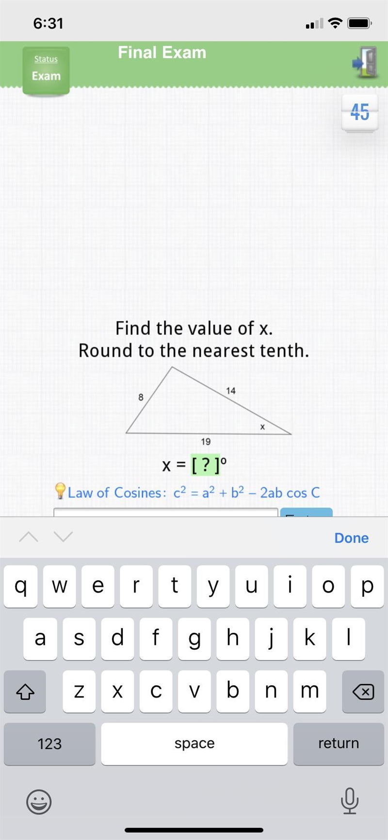 Find the value of X round to the nearest tenth. I need help.-example-1