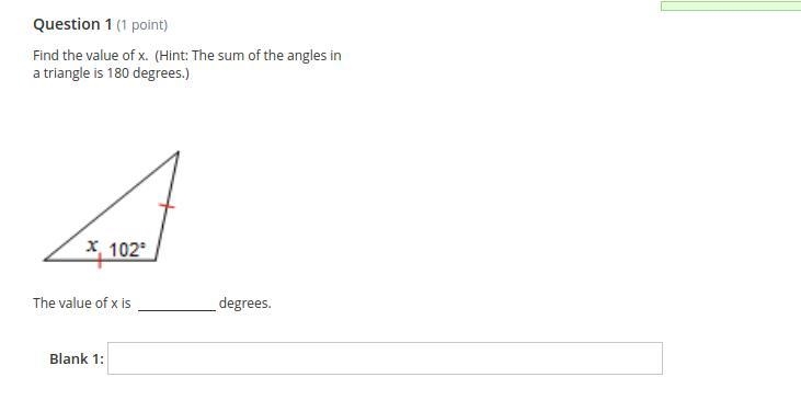 ANSWER NEEDED ASAP! Find the value of x. (Hint: The sum of the angles in a triangle-example-1