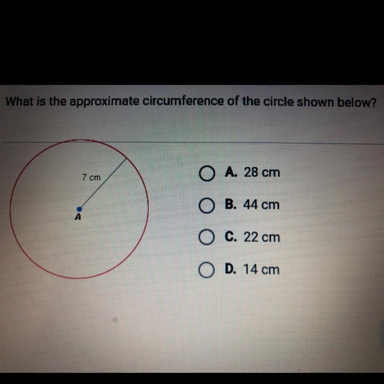 What is the approximate circumference of the circle shown belon A. 28 cm B. 44 cm-example-1