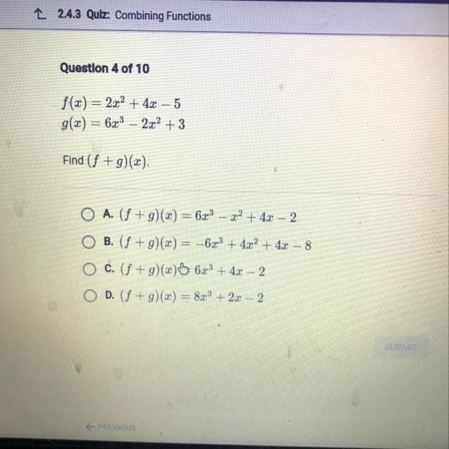 F(x) = 2x2 + 4.2 - 5 g(x) = 6x3 – 2x² + 3-example-1