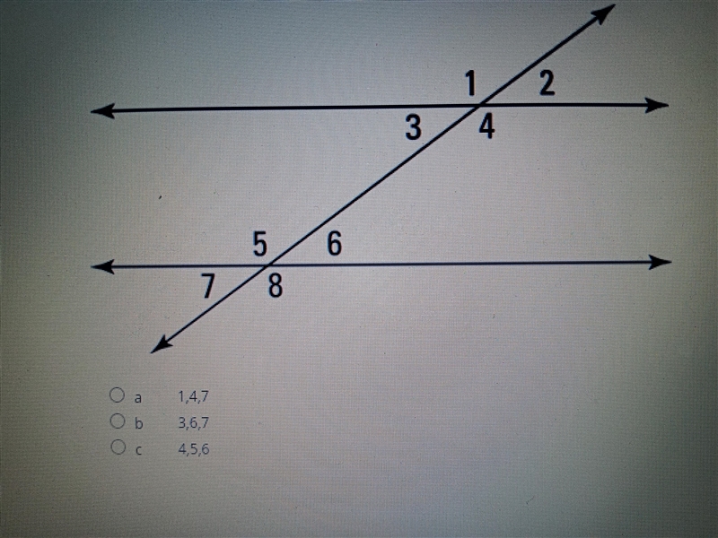 What other angles are equal to the measurement of angle 2? A. 1,4,7 B. 3,6,7 C. 4,5,6-example-1