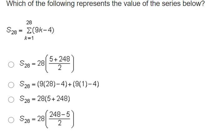 PLZ HELP ITS URGENT!!! Which of the following represents the value of the series below-example-1