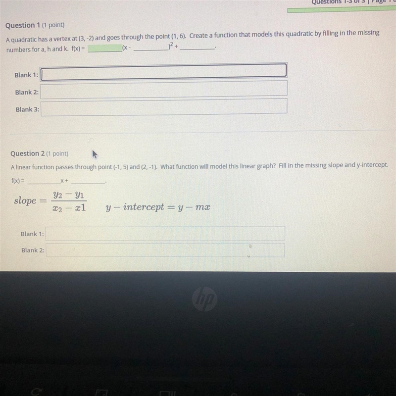 Question 1 (1 point) A quadratic has a vertex at (3,-2) and goes through the point-example-1