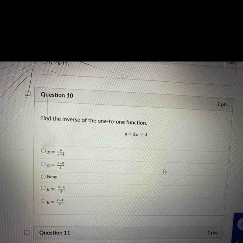 Find the inverse of the one-to-one function. y = 3x+4-example-1