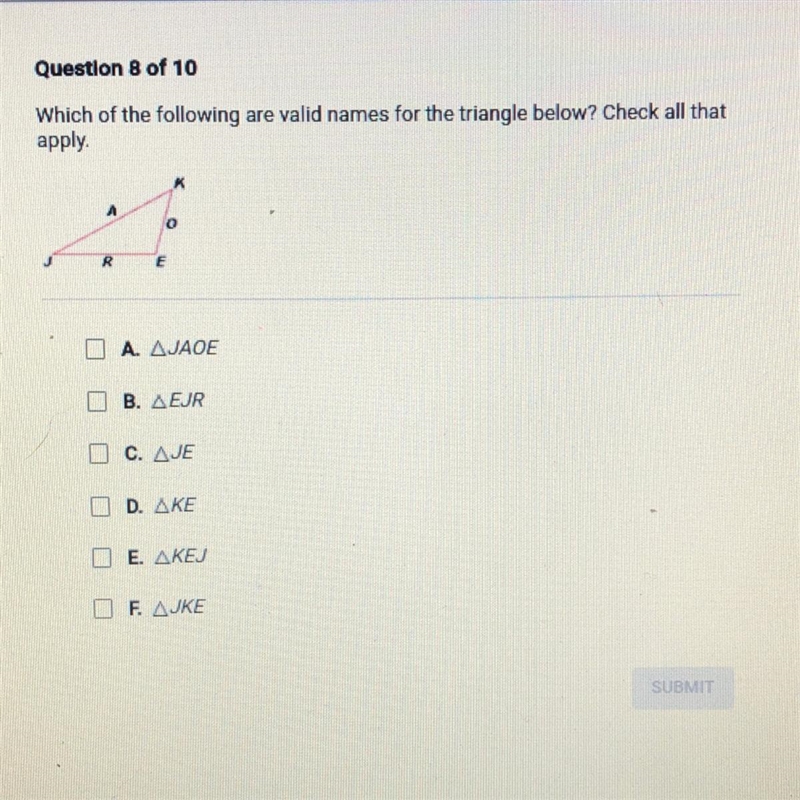 !!HELPP 25 points!! Which of the following are valid names for the triangle below-example-1