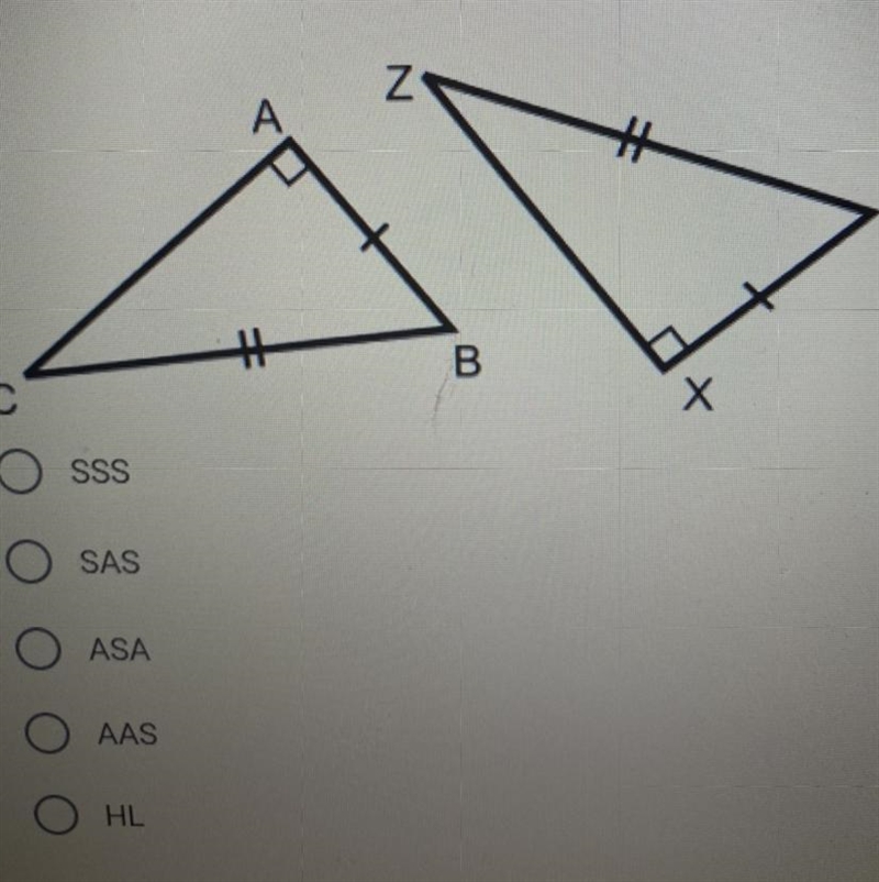 Which triangle congruence is this? SSS SAS ASA AAS HL-example-1