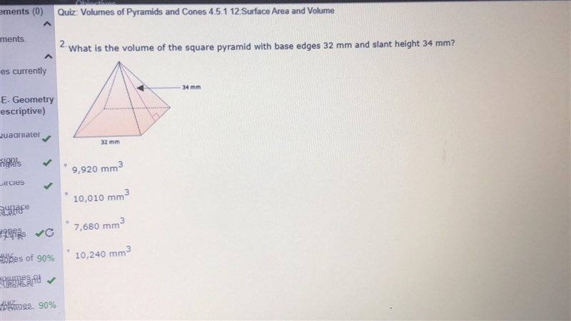 What is the volume of the square pyramid with base edges 32 mm and slant height 34 mm-example-1